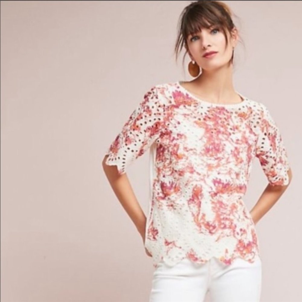 Anthropologie Pink and White Lace Blouse